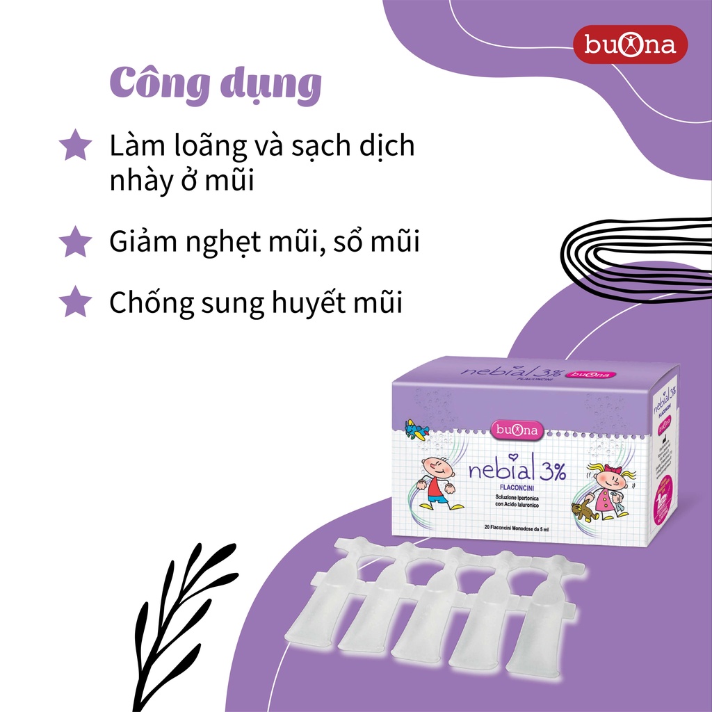 Dung dịch Nước muối ưu trương Nebial 3% dung dịch nhỏ mũi cho bé làm giảm nghẹt mũi, thông mũi. Hộp 20 ống - Hàng nhập khẩu Italy