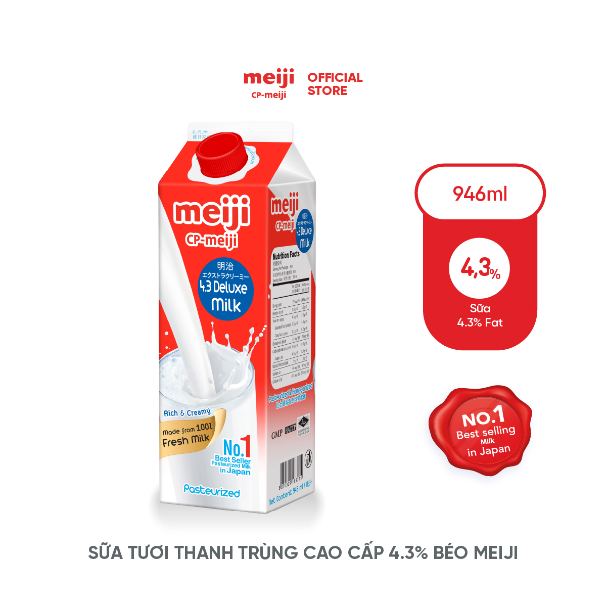 Sữa tươi thanh trùng Meiji cao cấp 4.3% béo 946ml