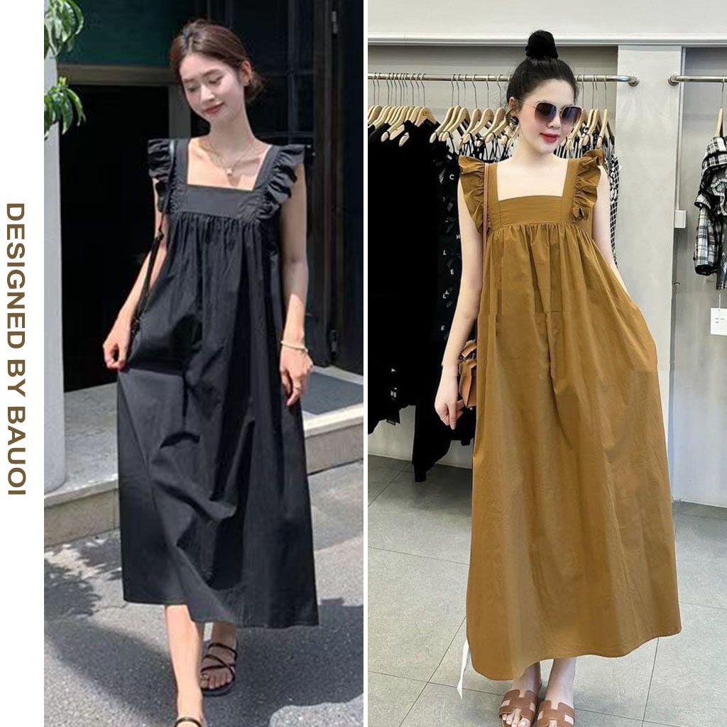 Đầm váy bầu đi biển 2 dây bèo nhún phối nơ điệu đà chất thô nến mềm mát v807 - váy xinh cho mẹ bầu freesize