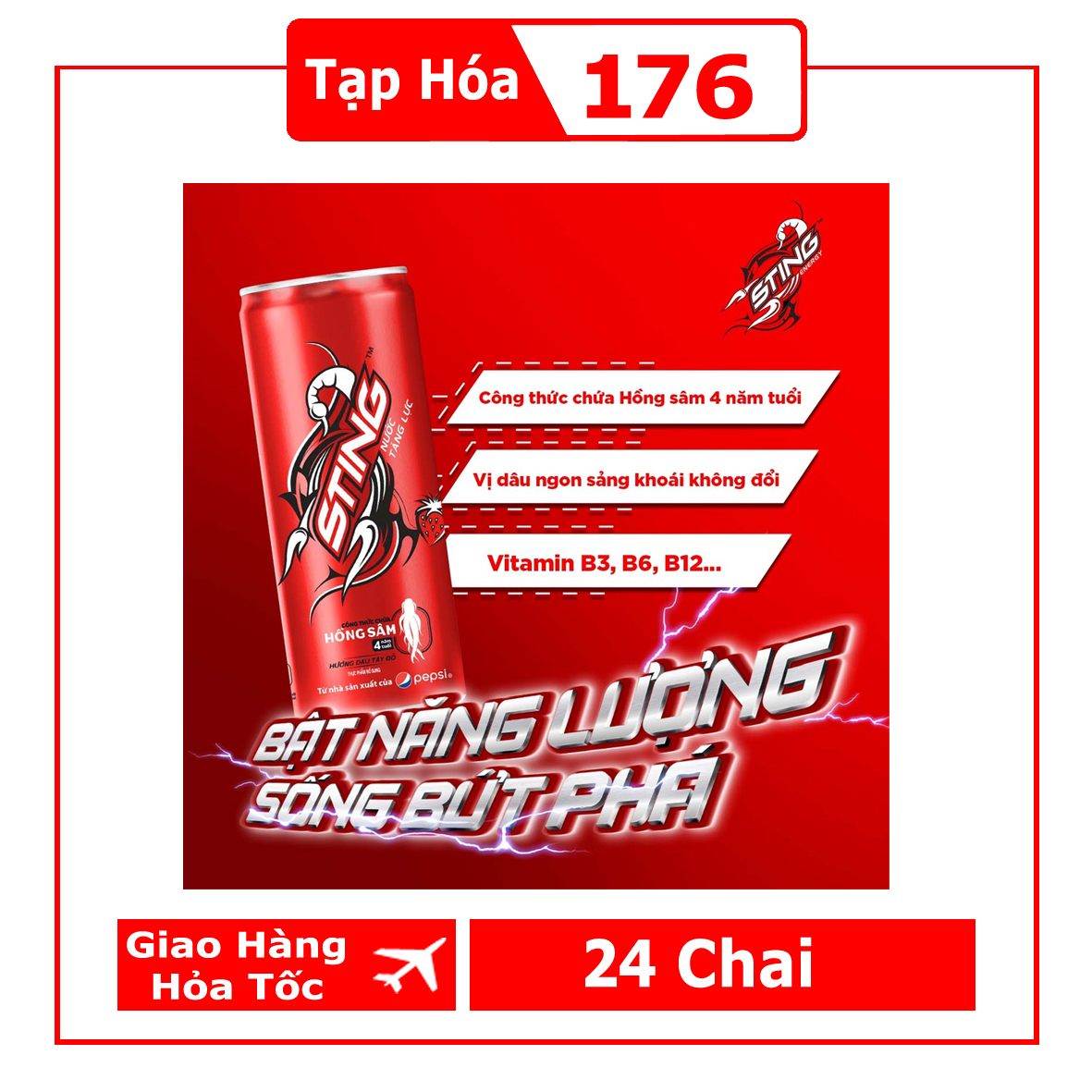 Thùng 24 Chai Nước Tăng Lực Sting Dâu (330ml/chai)