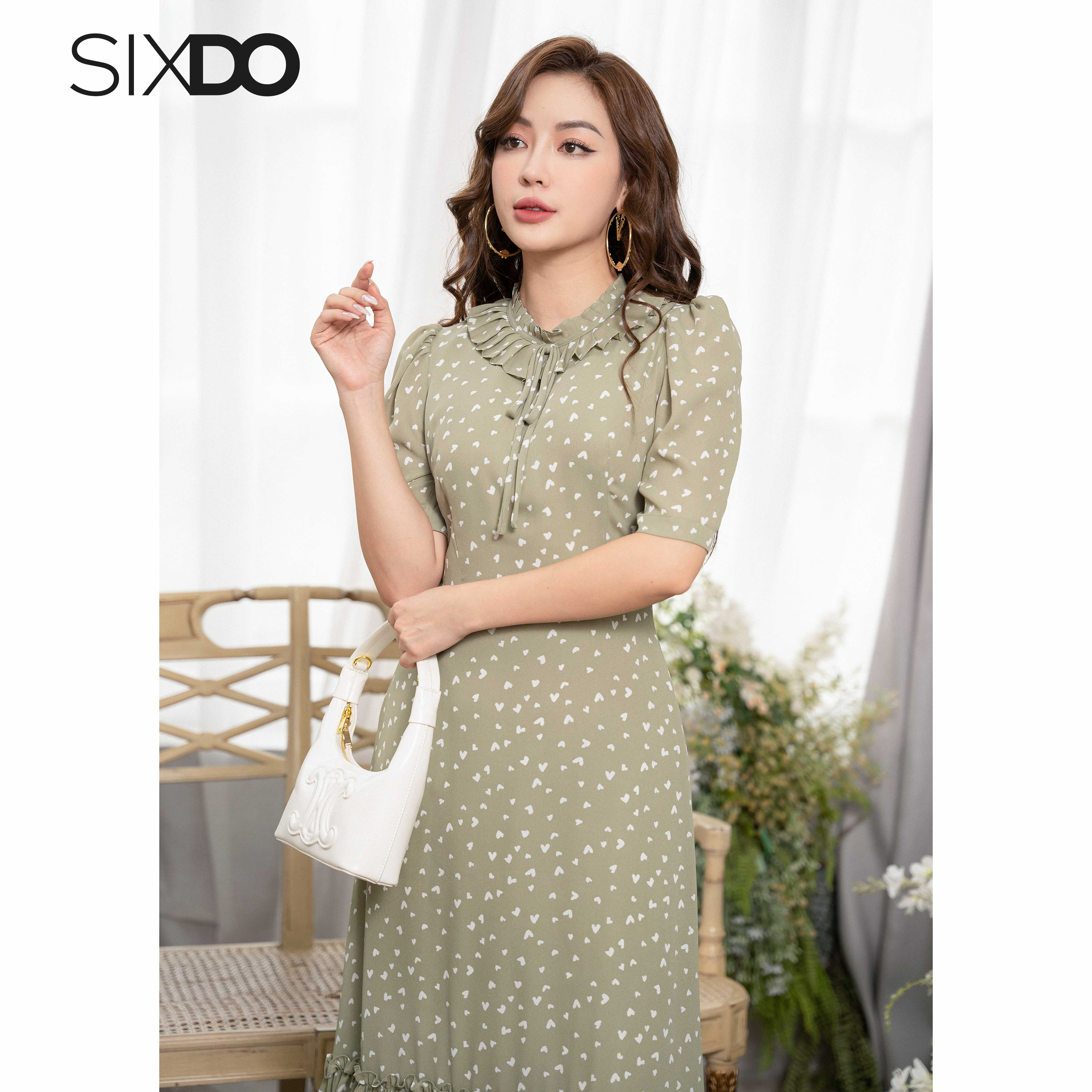 Đầm chiffon cổ bèo họa tiết trái tim SIXDO