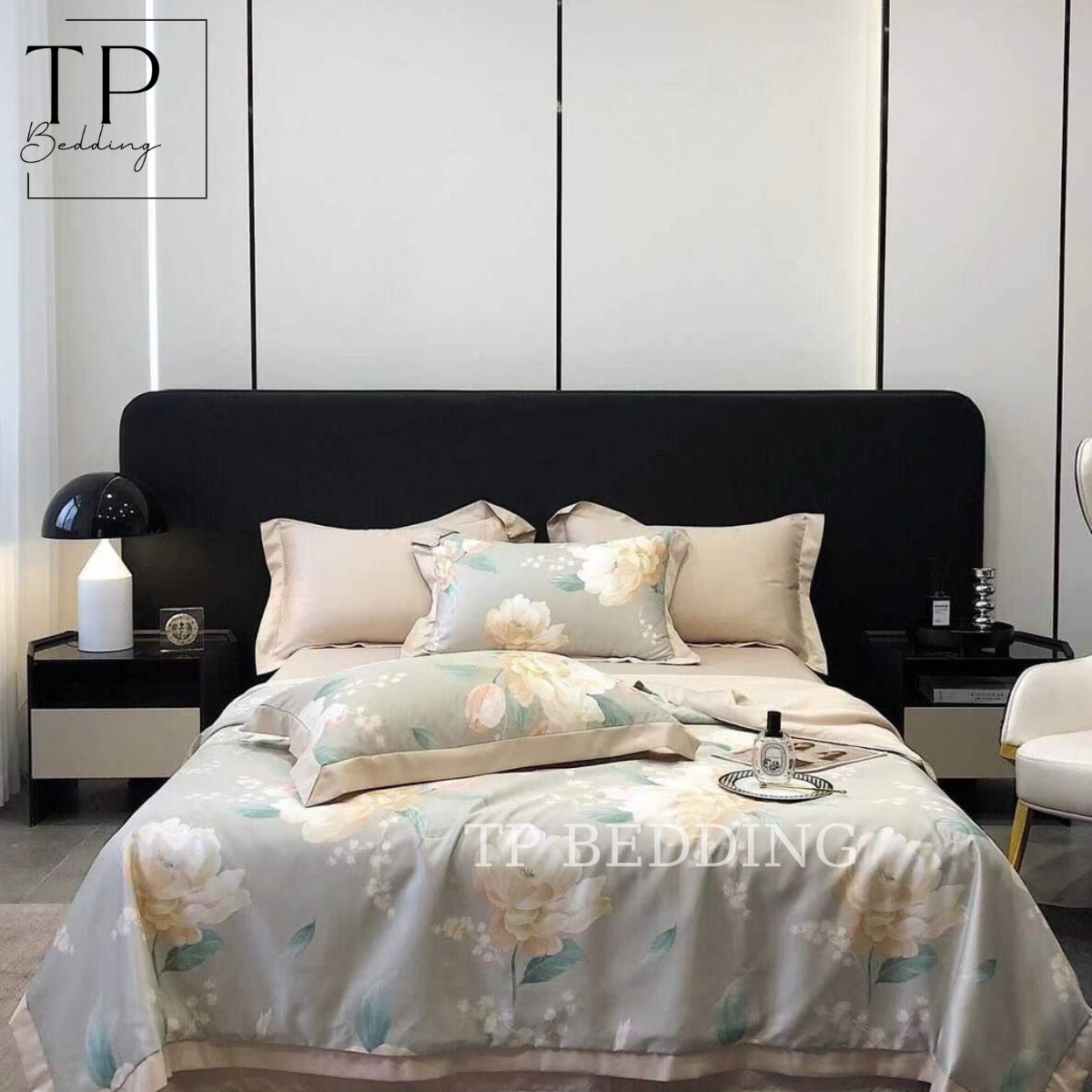 Bộ chăn ga gối phi lụa cao cấp thêu họa tiết Genji Decor