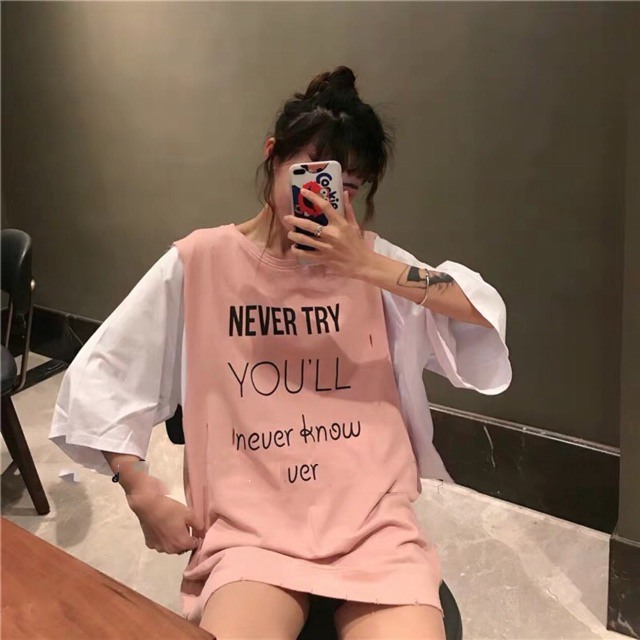[HCM]Set áo gile Never Try kèm áo thun Ulzzang (Hồng và Trắng)