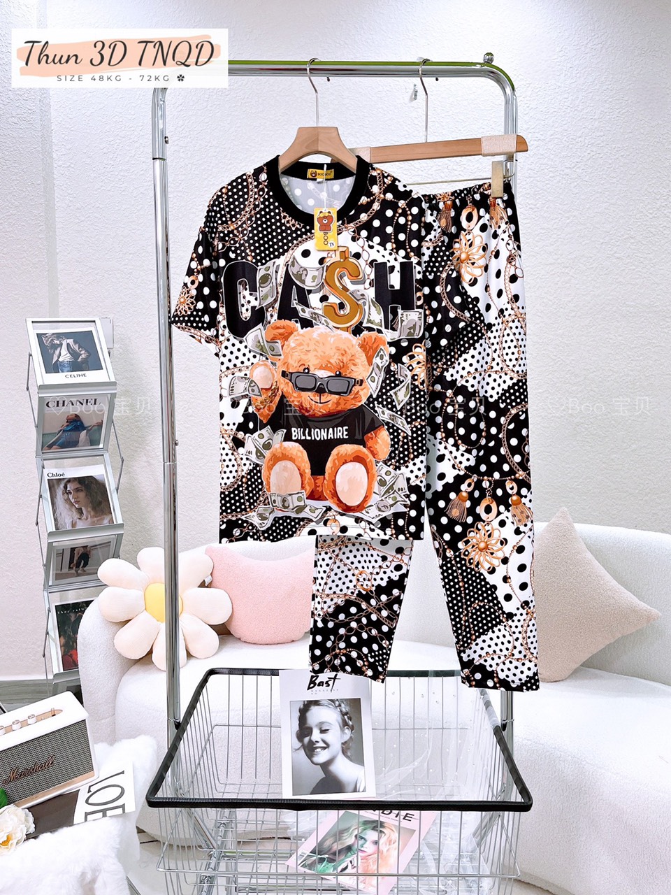 Đồ Bộ Pijama Thun Lạnh 3D Cao Cấp Tay Ngắn Quần Dài Họa Tiết Hoạt Hình Dễ Thương - FREESIZE  65KG P2