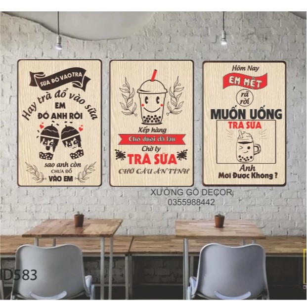 Sét 3 Tranh Trang Trí Quán Trà Sữa, Coffee Bằng Gỗ