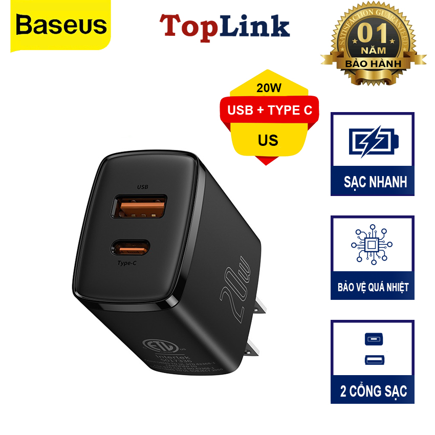Củ sạc nhanh iphone 20w chính hãng baseus cổng usb + type c tích hợp pd/qc 3.0 - toplink