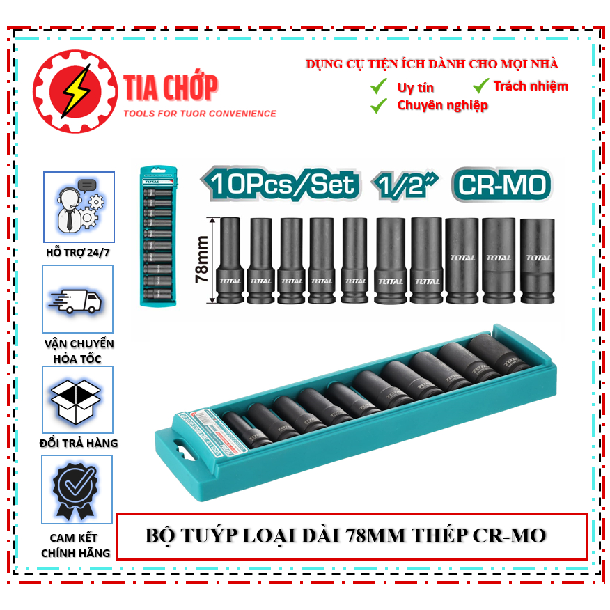 Bộ 10 tuýp loại dài 78mm 1/2 inch thép cr-mo total thkisd12102l