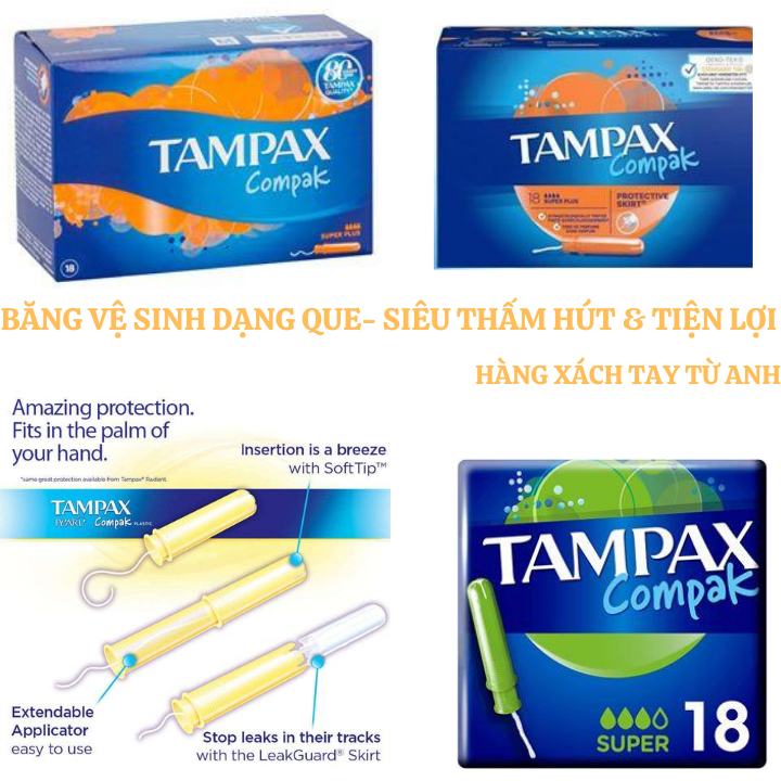 Hàng từ Anh 💖 Băng Vệ Sinh Tampon Tampax Compak - Dạng Que - Nhỏ Gọn - Thấm hút cực tốt tích hợp đi bơi - du lịch