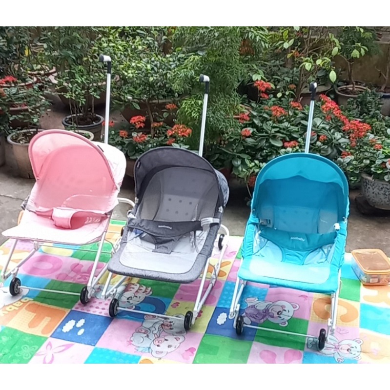Nôi nhún bập bênh Seebaby R1 3 tư thế nằm + 2 chế độ ngồi có 4 bánh xe dùng cho bé chơi hoặc ăn dặm (Kèm màn che) - KAWAII BABY