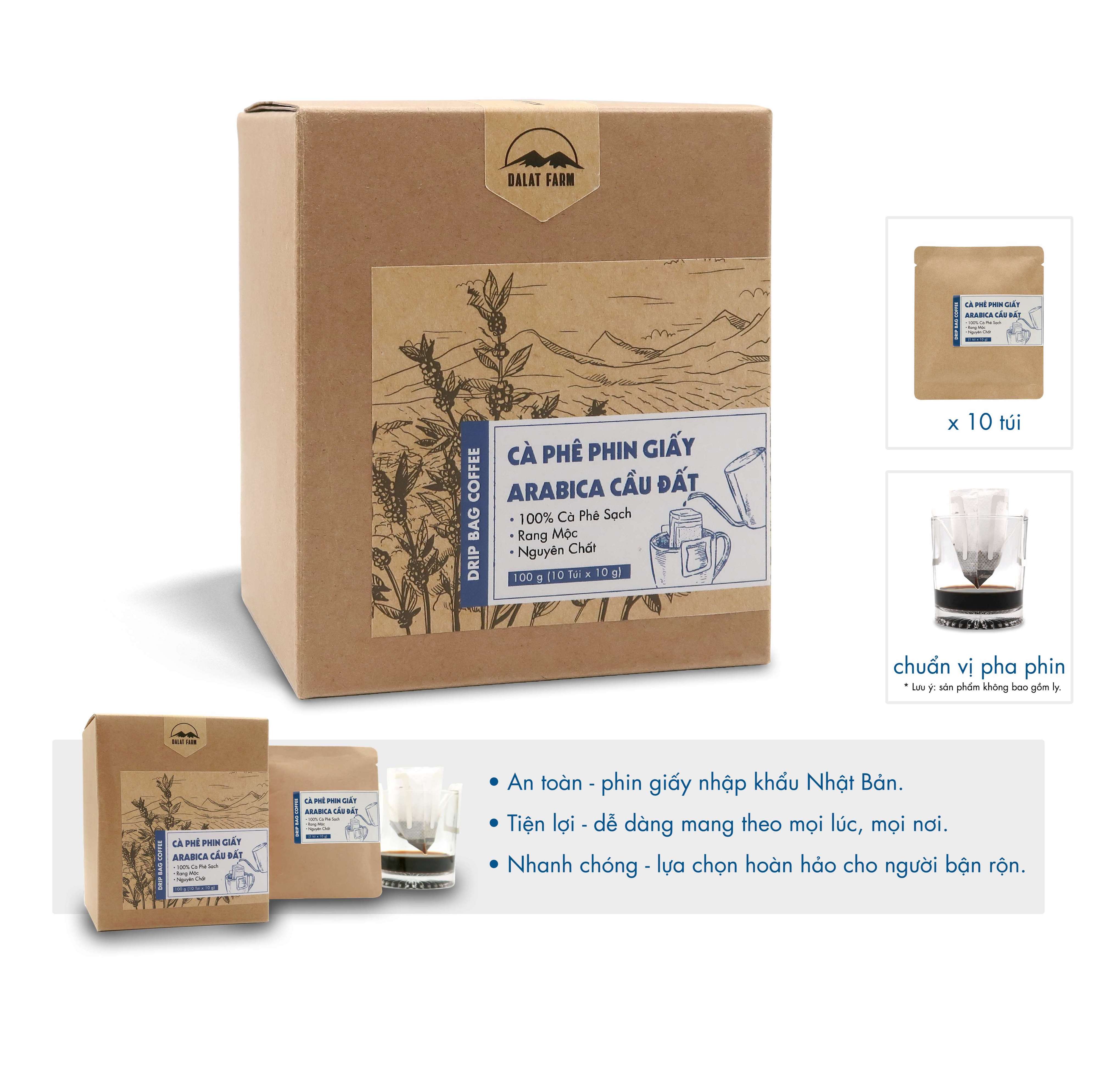 Cà phê phin giấy Arabica Cầu Đất DalatFarm - Hộp 10 túi x 10 g