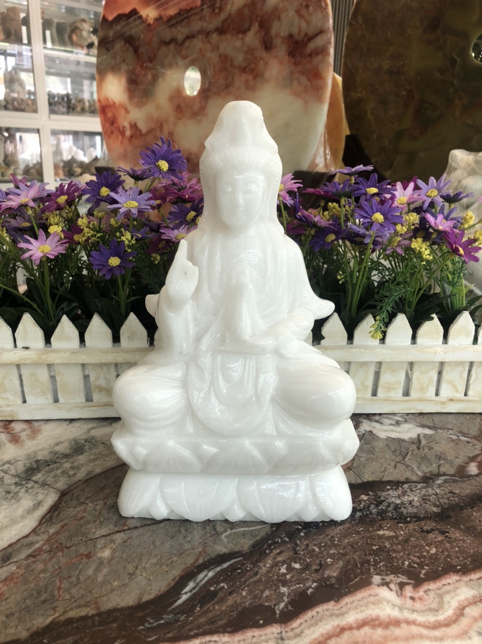 Tượng Phật Bà Quan Âm ngồi đài sen đá cẩm thạch trắng - Cao 25cm