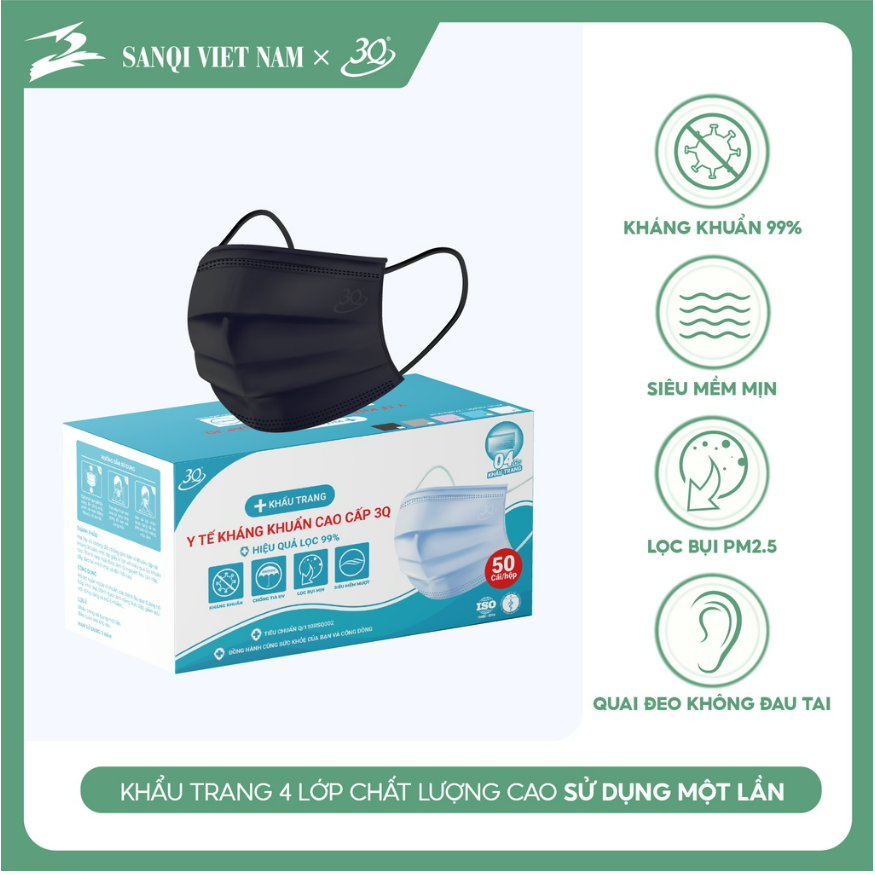 Giá Shock Chính hãng - Hộp 50 chiếc khẩu trang y tế 4 lớp kháng khuẩn- Khẩu trang 3Q chuẩn xuất khẩu