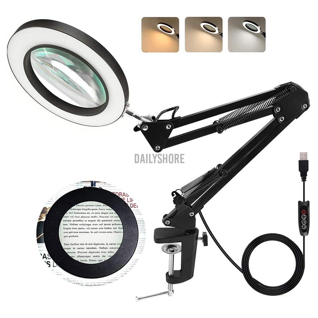 Kính lúp để bàn phóng đại 10x có đèn led 12w kèm kẹp tiện dụng