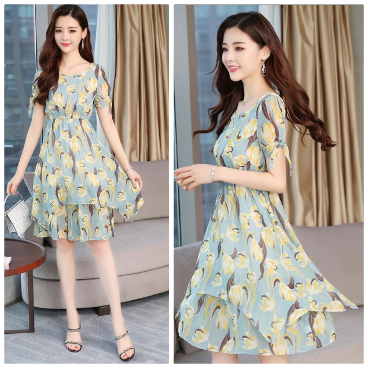 Đầm xòe họa tiết hoa trẻ trung năng động beyeu1688 - by8095a xanh