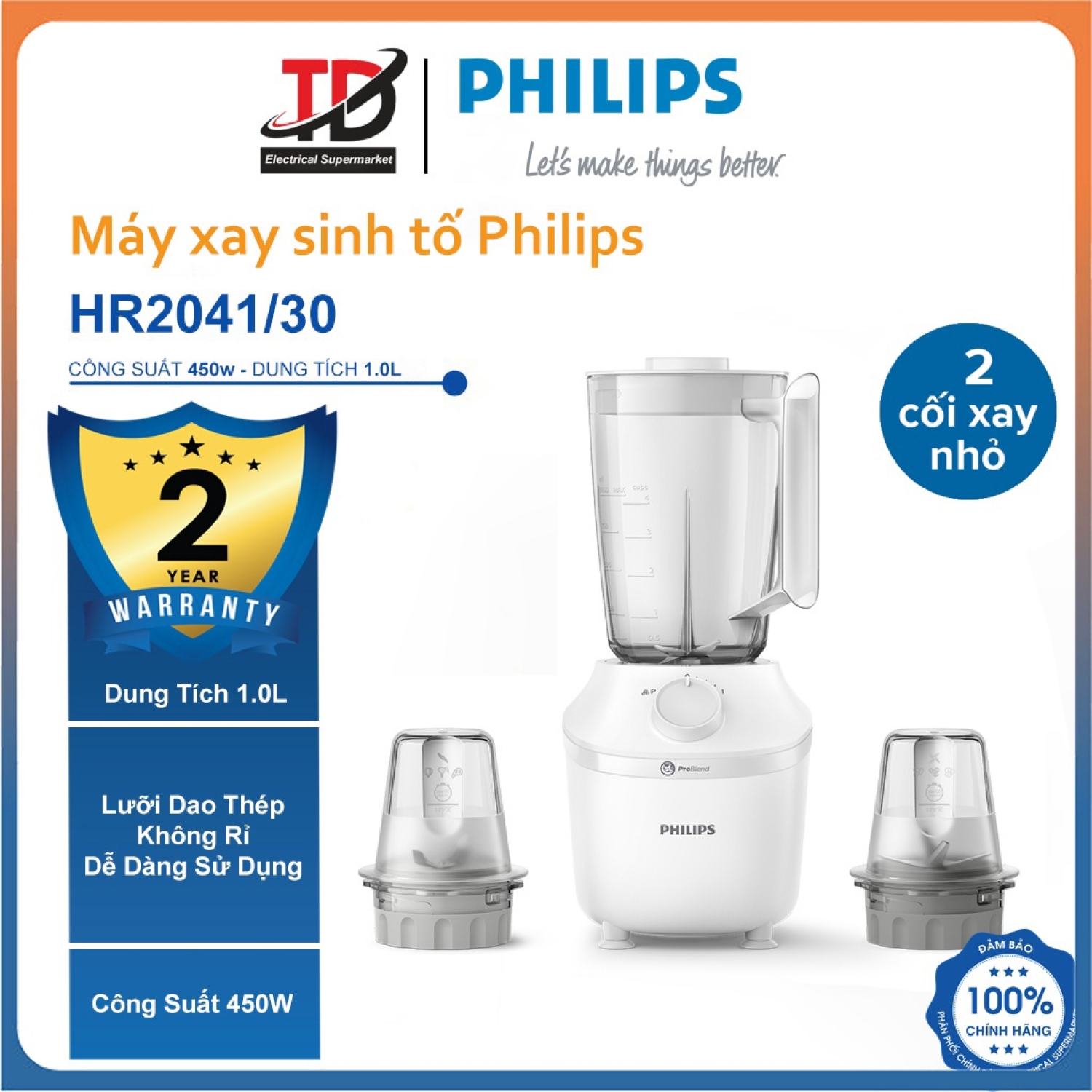 Máy xay sinh tố philips hr2041/30, 3 cối - 450w, hàng chính hãng
