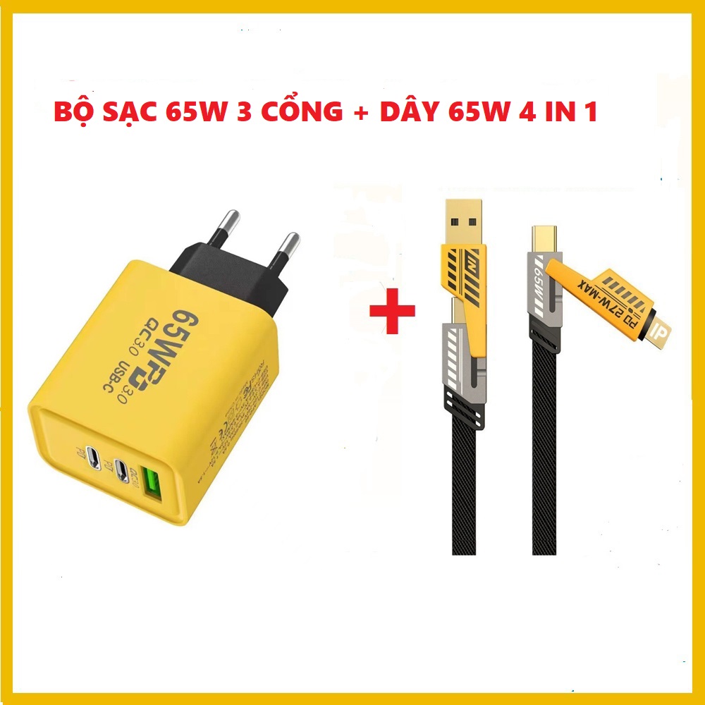Bộ sạc 65W 3 Cổng 2 Type C 1 USB + dây sạc bọc dù 4 in 1 65W sạc cho điện thoại, máy tính bảng , sạc nhanh, an toàn