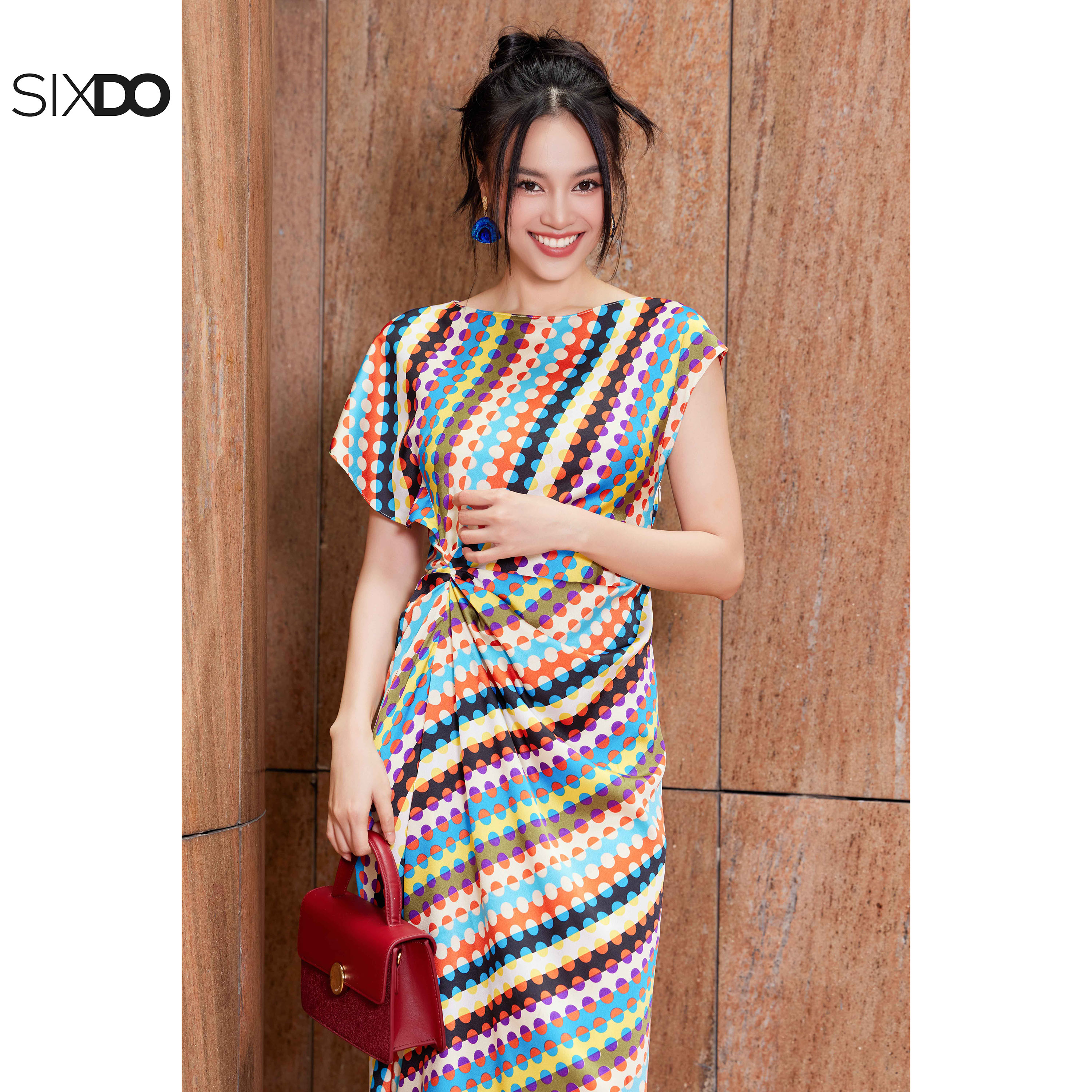 Đầm lụa chấm bi nhiều màu SIXDO (Multicolor Polka Dot Midi Silk Dress)