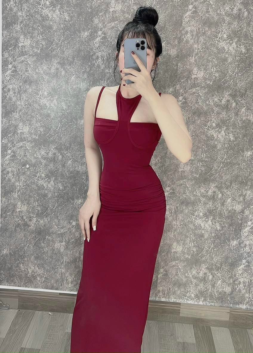 Đầm ôm body cổ yếm có mút ngực siêu sexy