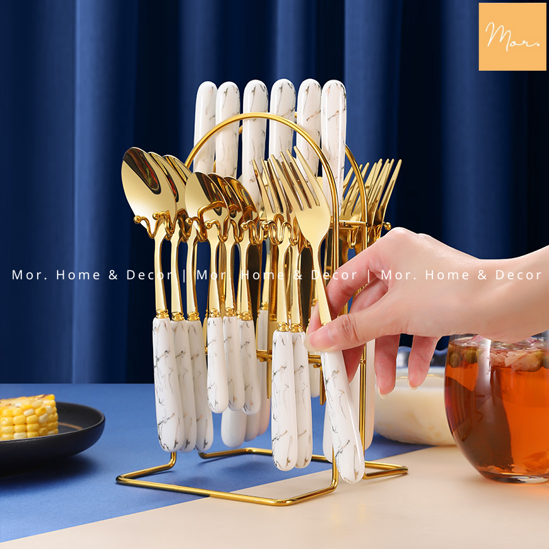 Bộ dụng cụ bàn ăn 25 món (Xanh, Trắng)