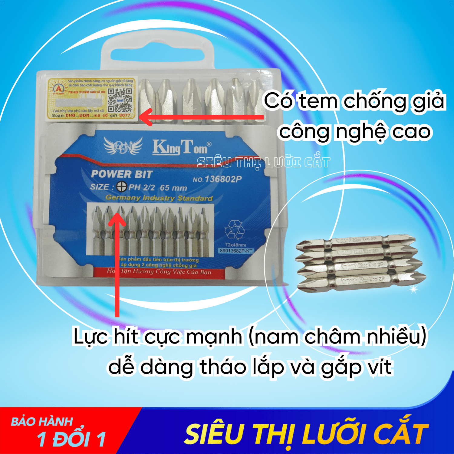Đầu Vặn Vít (2 Đầu Bake) Cao Cấp KingTom Ngắn 65mm - Lực Hít Cực Mạnh (Hộp 10 Mũi)
