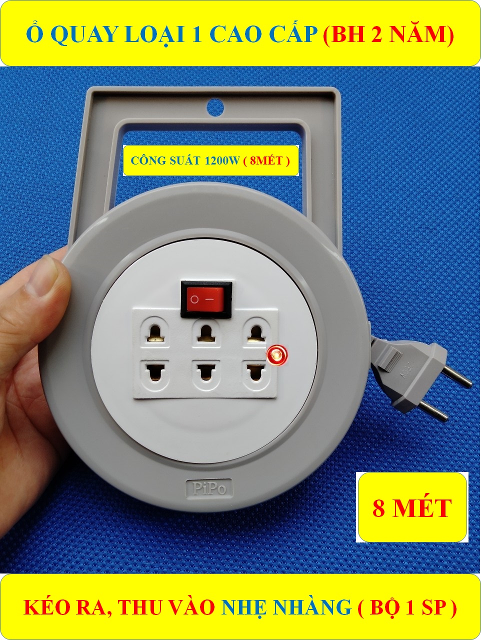 8 Mét Ổ cắm điện, tròn xoay 1200W cao cấp (BH 2 NĂM) + 1 công tắc + 3 ổ cắm + 1 Đèn LED báo ( bộ 1 sản phẩm )