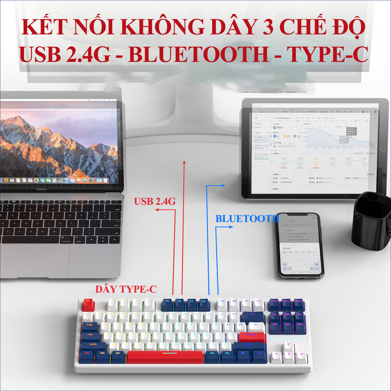 Bàn phím cơ không dây K87 kết nối 3 chế độ với thiết kế TKL 87 phím có đèn led RGB 22 chế độ cực đẹp và có Hotswap