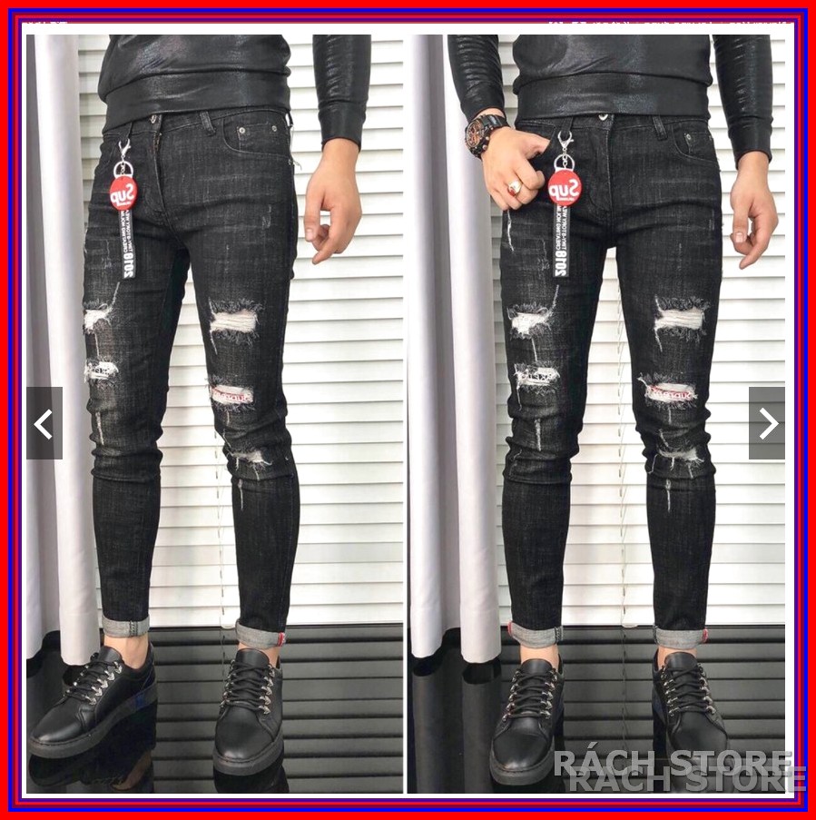 Quần jean nam cao cấp rách kiểu 3-22 SUPPERME ĐEN  không xù lông, không ra màu, chất giãn tốt SV5-1