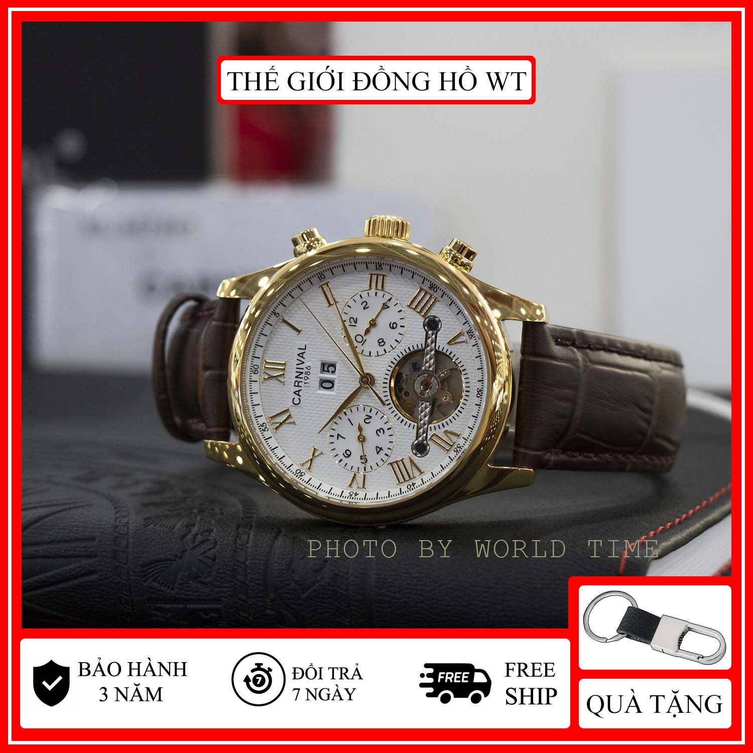 Đồng hồ nam chính hãng Carnival, đồng hồ cơ Dây Da 8670G Full box, Thẻ Bảo Hành 03 năm, Kính Sapphire Chống Xước, Chống Nước
