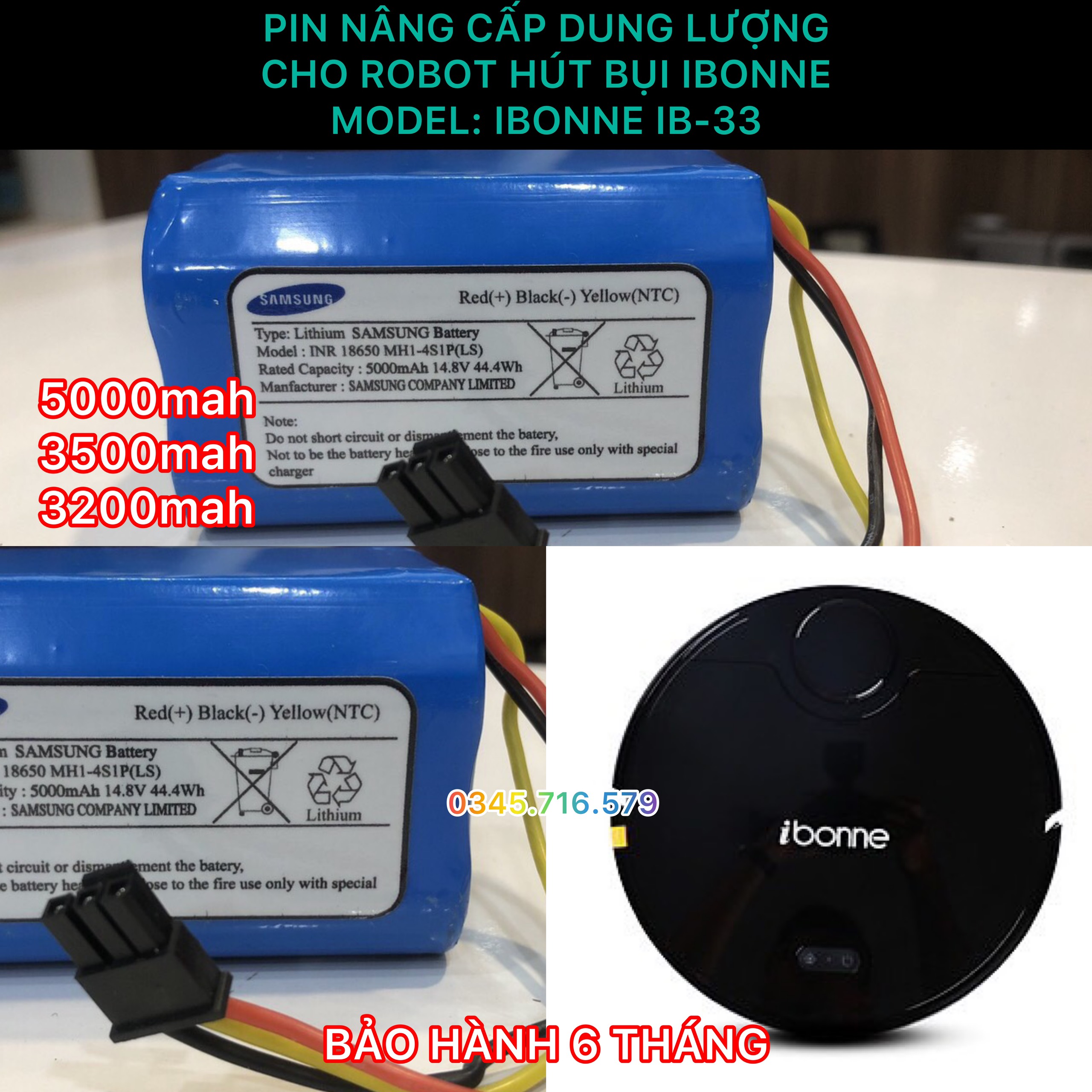 PIN ROBOT HÚT BỤI IBONNE CÁC MODEL: IB-32, IB-33 (LG 3500MAH BẢO HÀNH 9 THÁNG)