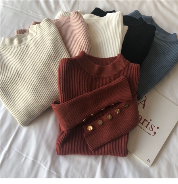 MS072 Áo len nữ siêu mềm cổ 3p đính khuy tay