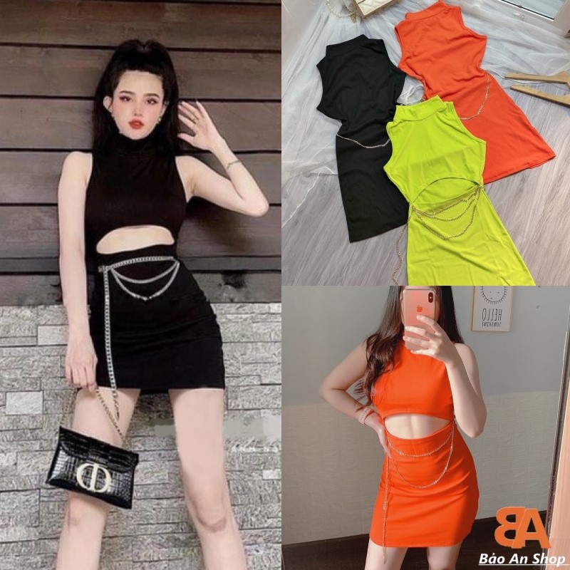 [HCM]Đầm body 3 lỗ phối xích eo chất vải thun Borip