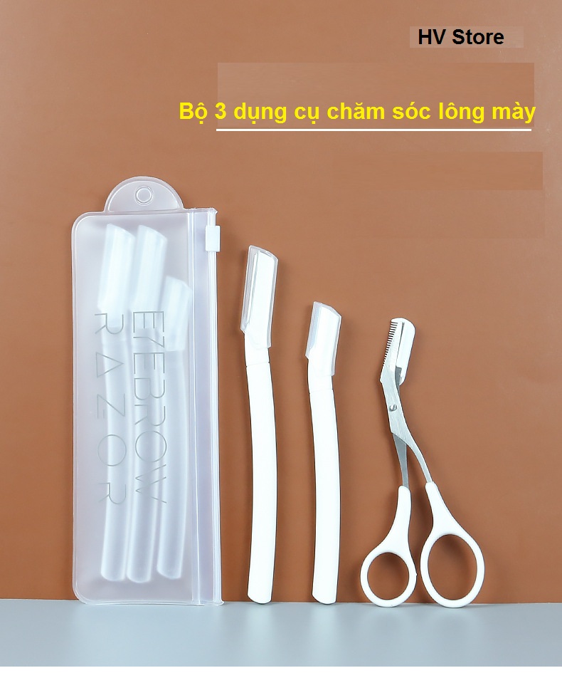 Bộ dụng cụ 3 món dao, kéo để cạo, cắt tỉa lông mày - Hv Store