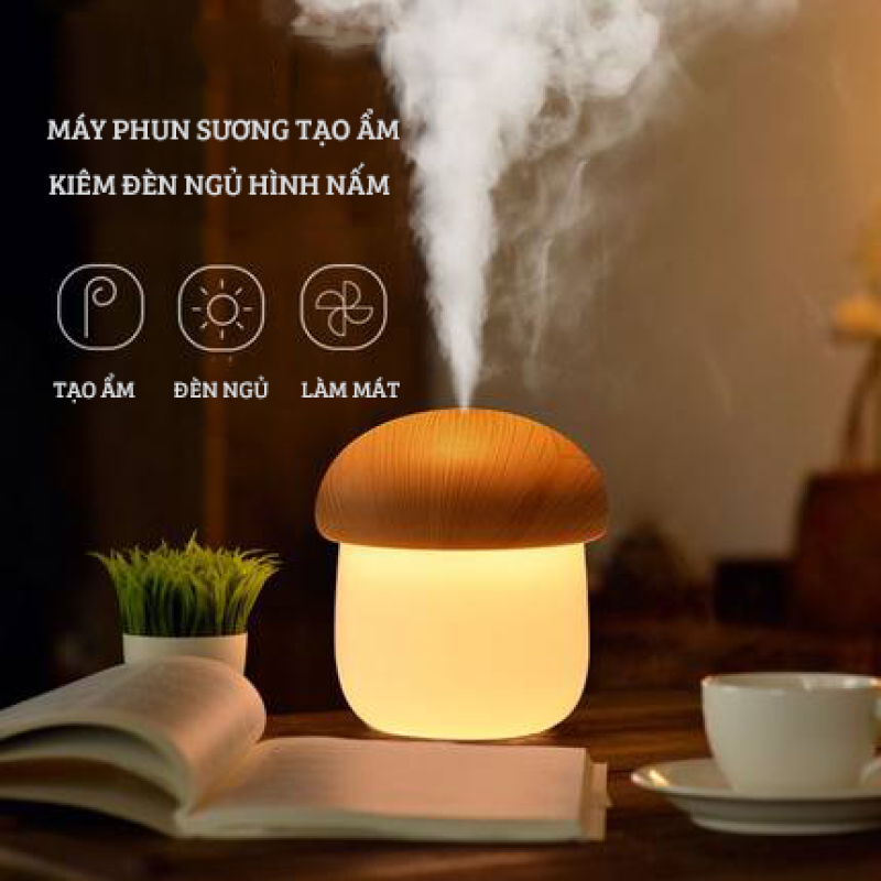 Máy phun sương tạo ẩm mini kiêm đèn ngủ hình nấm vân gỗ Jisulife JM02, phun sương tạo ẩm, làm sạch không khí, dưỡng ẩm làn da - Dung tích 250ml - Dây cắm USB tiện lợi