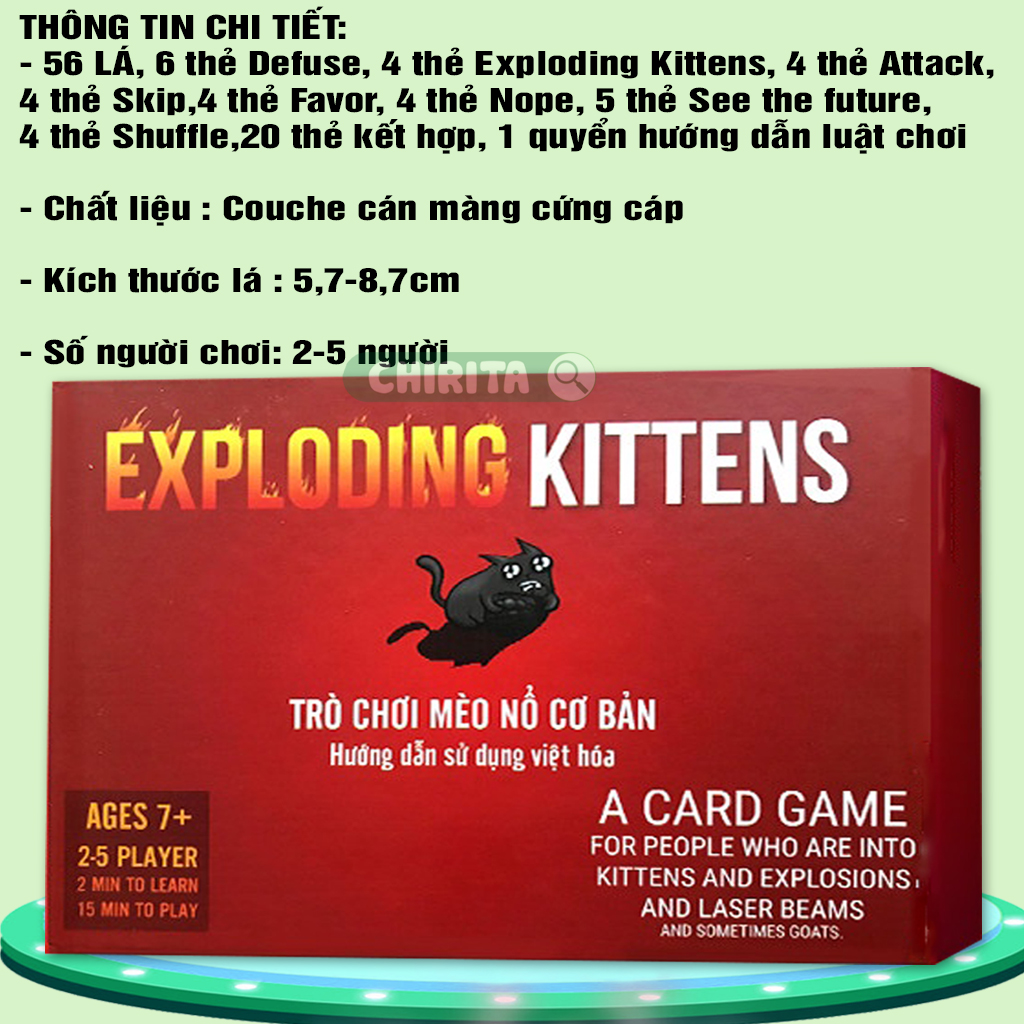 Combo Mèo Nổ - Full 6 Bản Mèo Nổ Tiếng Việt Mở Rộng - Mèo Nổ Việt Hóa Đủ Phiên Bản -Bộ Bài Mèo Nổ giấy cứng chống nước Boardgame Exploding Kittens CHIRITA