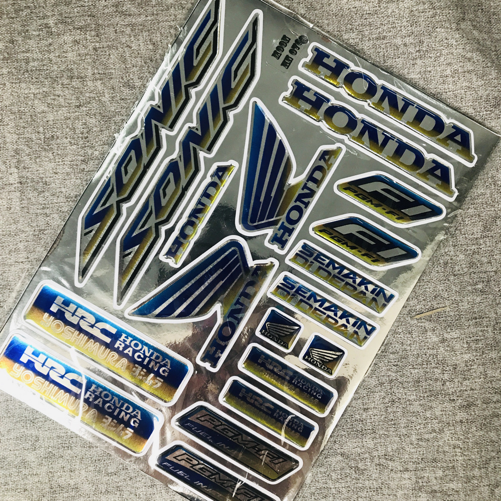 TRỌN BỘ TEM LOGO HUY HIỆU CHỮ HÃNG XE, TEM CROM BÓNG PHŨ NHỰA ÍT BAY MÀU DÁN XE MÁY (MẪU SONIC)
