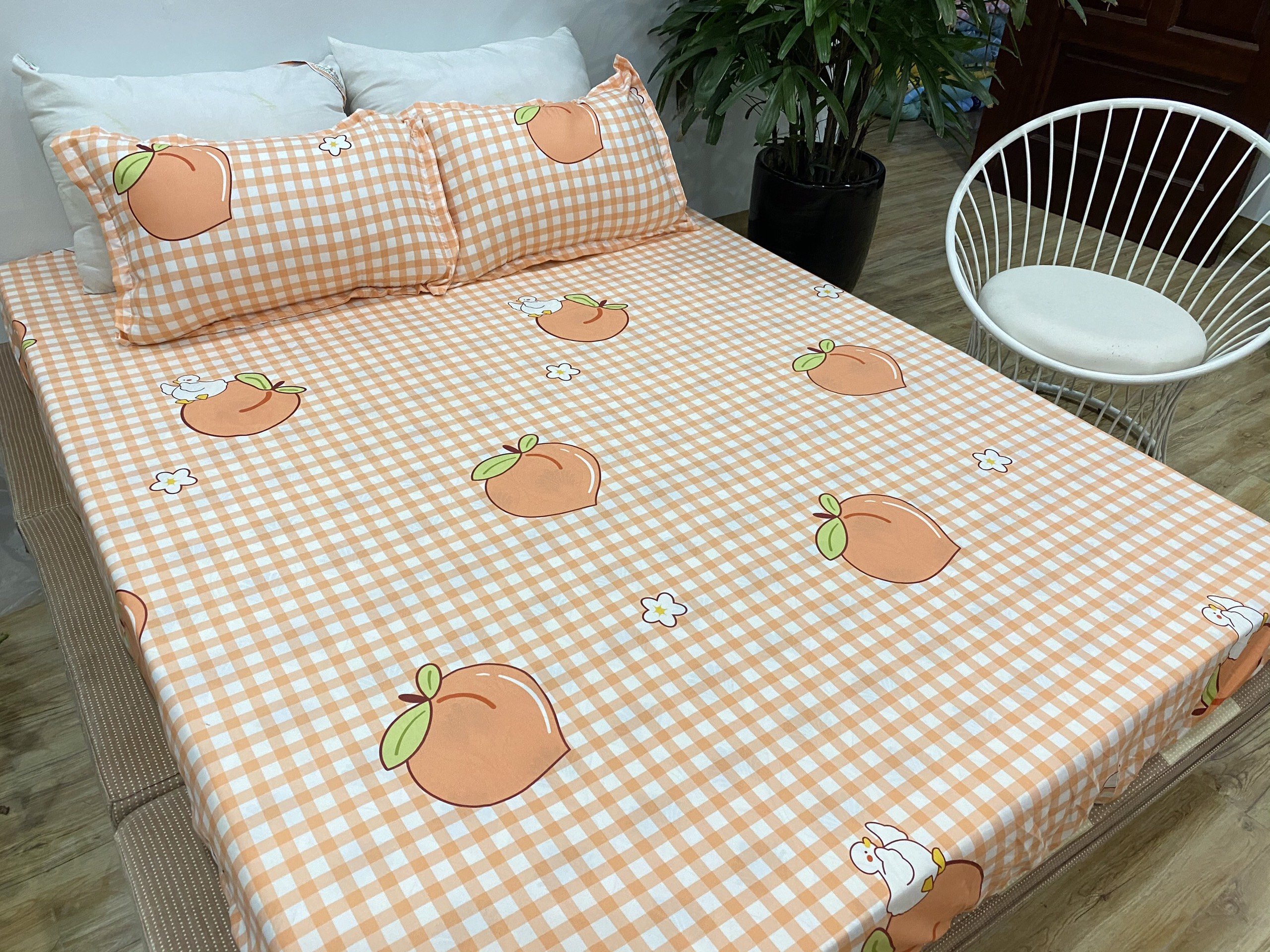 [Ga giường]Ga trải giường,Drap ga giường,ga bọc đệm vải cotton poly 1m2,1m4,1m5,1m6,1m8,2m2 mẫu đào kẻ cam
