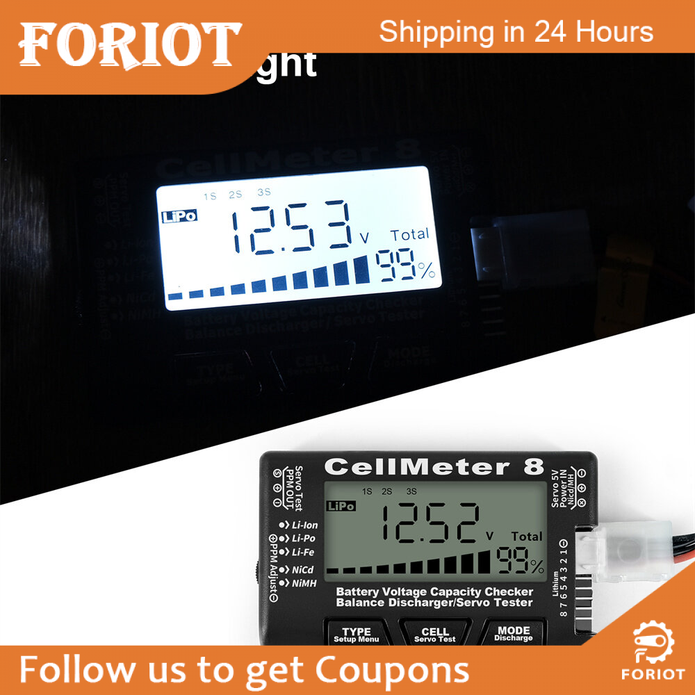 Foriot LCD Digital Battery Capacity Checker CellMeter RC CellMeter7/CellMeter8 2-8S 4-8S Servo LiPo Li-lon NiMH Battery Tester