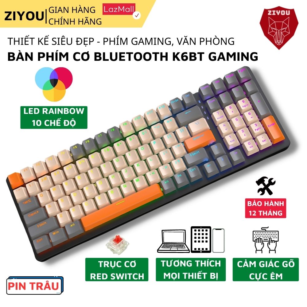 Bàn phím cơ Không Dây Bluetooth Ziyou K6BT Attack Gaming Nâng Cấp 2023 Trục Cơ RED Switch Gõ Cực Êm