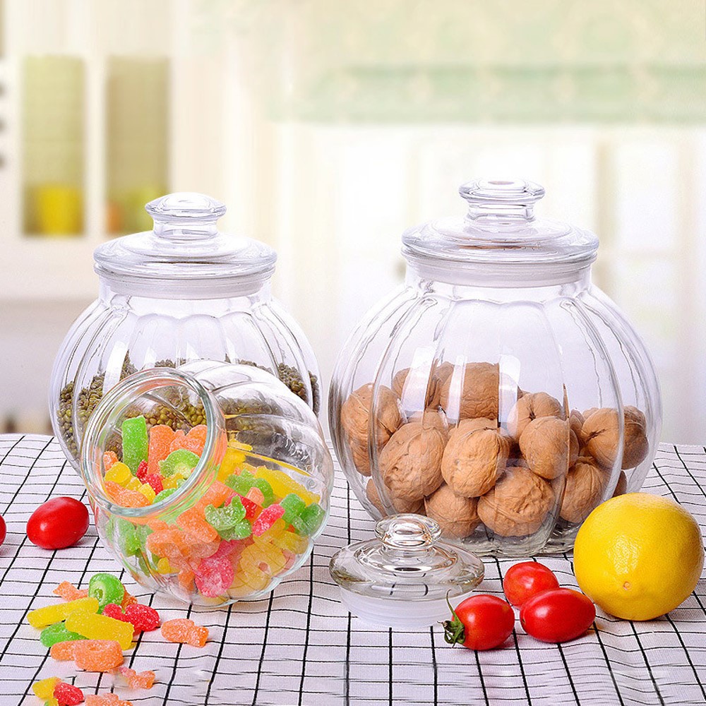Lọ Thủy Tinh Hình Bí Đỏ, nắp có giăng (750ml - 1300ML - 2000ML)