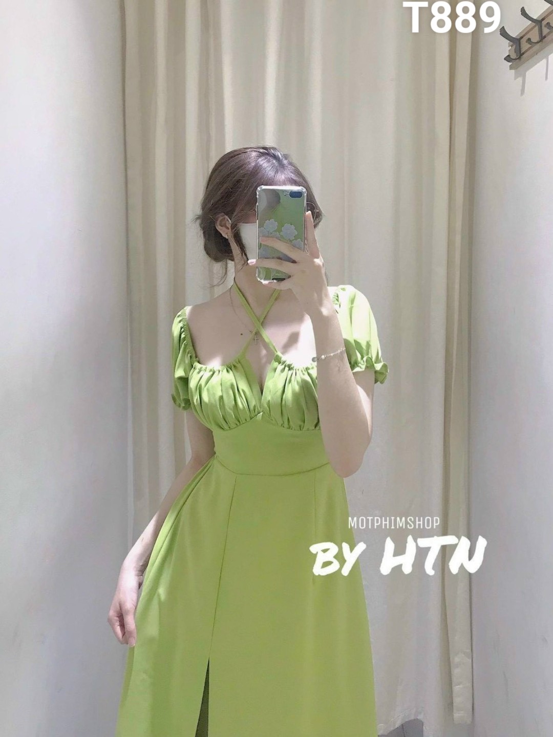 Đầm cổ yếm tay cột nơ có mút lụa nhung T889