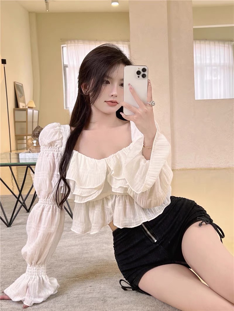 Áo kiểu croptop cổ vuông tay phồng PINKSTORE29 kiểu bánh bèo A5359