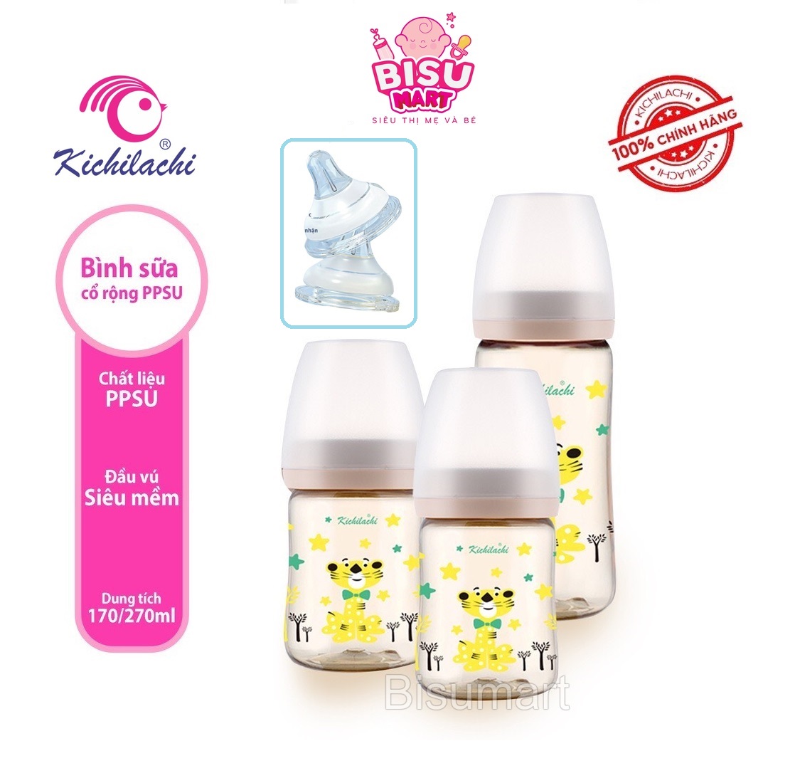 Bình sữa cổ rộng cho bé Kichilachi PPSU Cao cấp 170ml 270ml