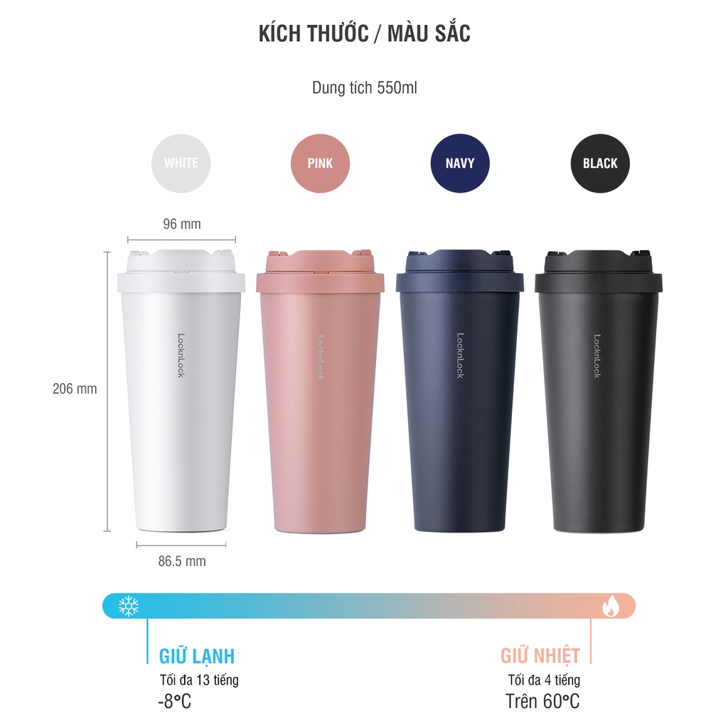 Bình giữ nhiệt Lock&Lock Energetic One Touch - 550ml-400ml - LHC3249- Thép không gỉ - 4màu - nắp bật dễ dàng - Giữ lạnh hơn 12h