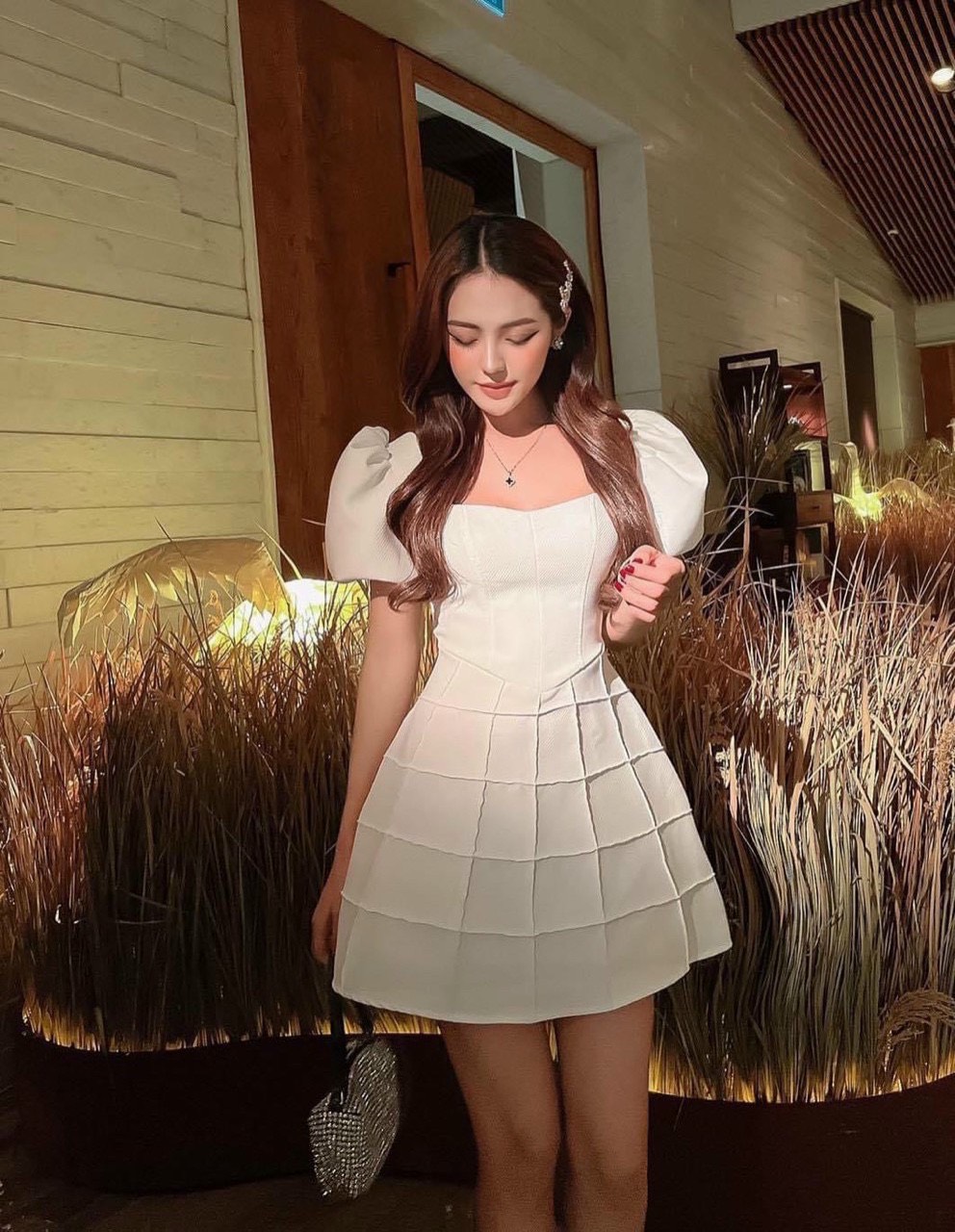 HOÀN TIỀN MAX - Đầm nữ thời trang mặc đi chơi chất cotton lạnh cổ vuông tay phồng ngắn váy chữ A ô vuông cao cấp