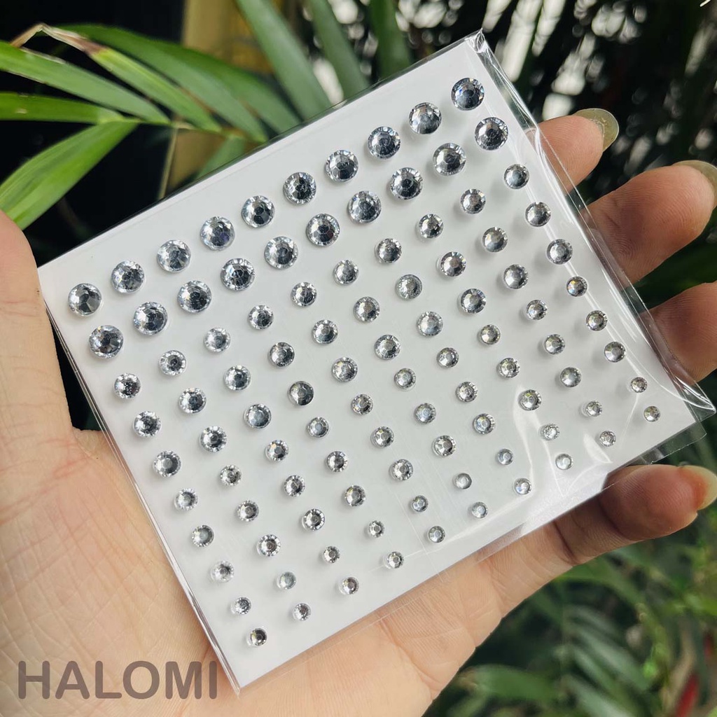Đá đính tóc mặt có sẵn keo dán gồm 100 viên, đá dán makeup, đá đính mặt hóa trang HALOMI