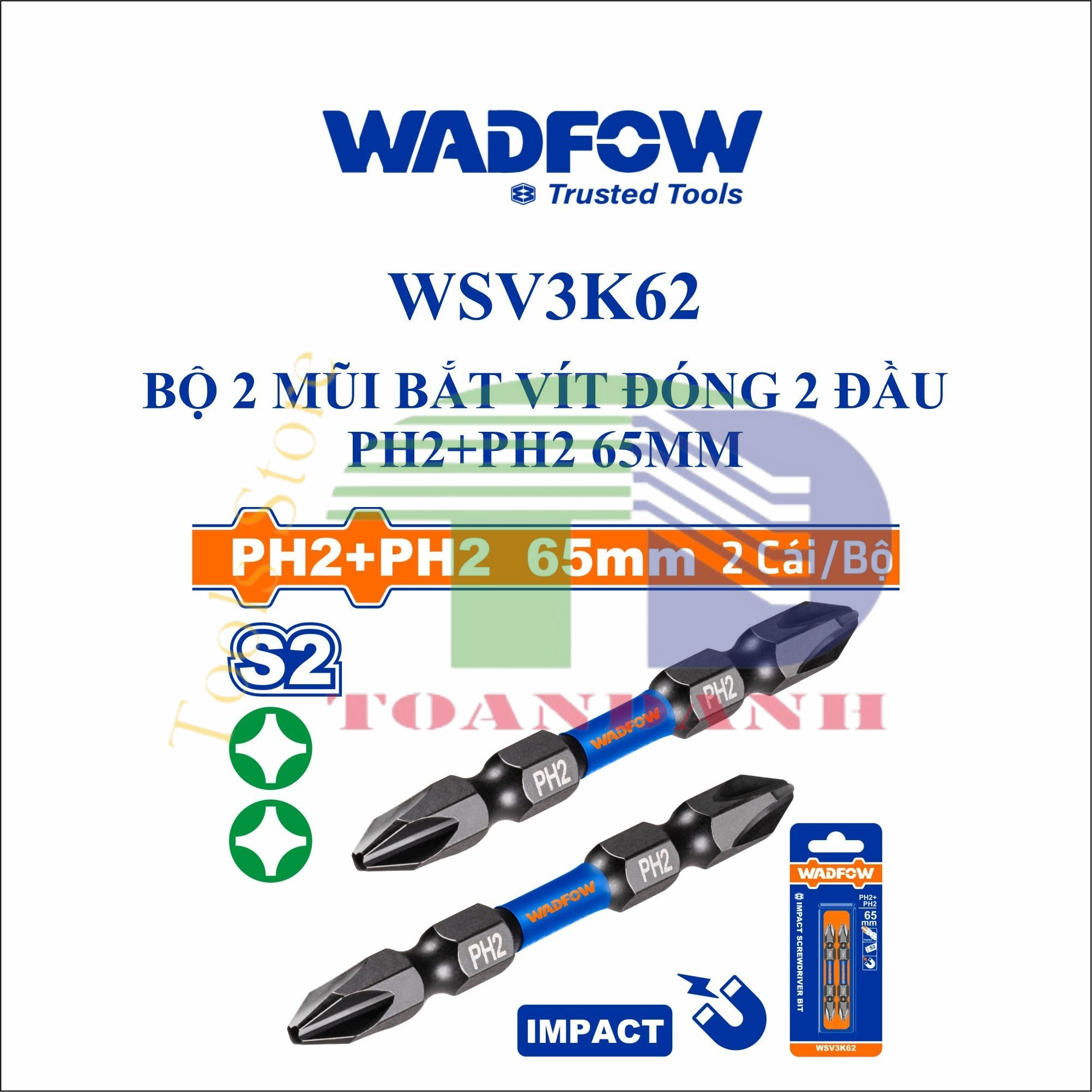 Bộ 2 mũi bắt vít đóng 2 đầu ph2+ph2 65mm wadfow wsv3k62