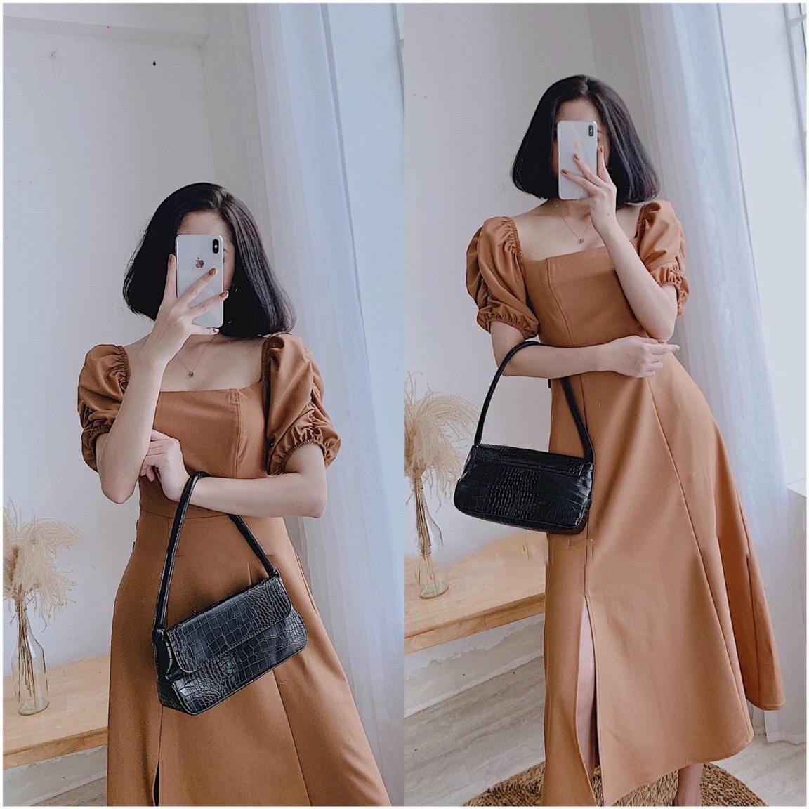 Đầm kem cổ vuông xẻ tà