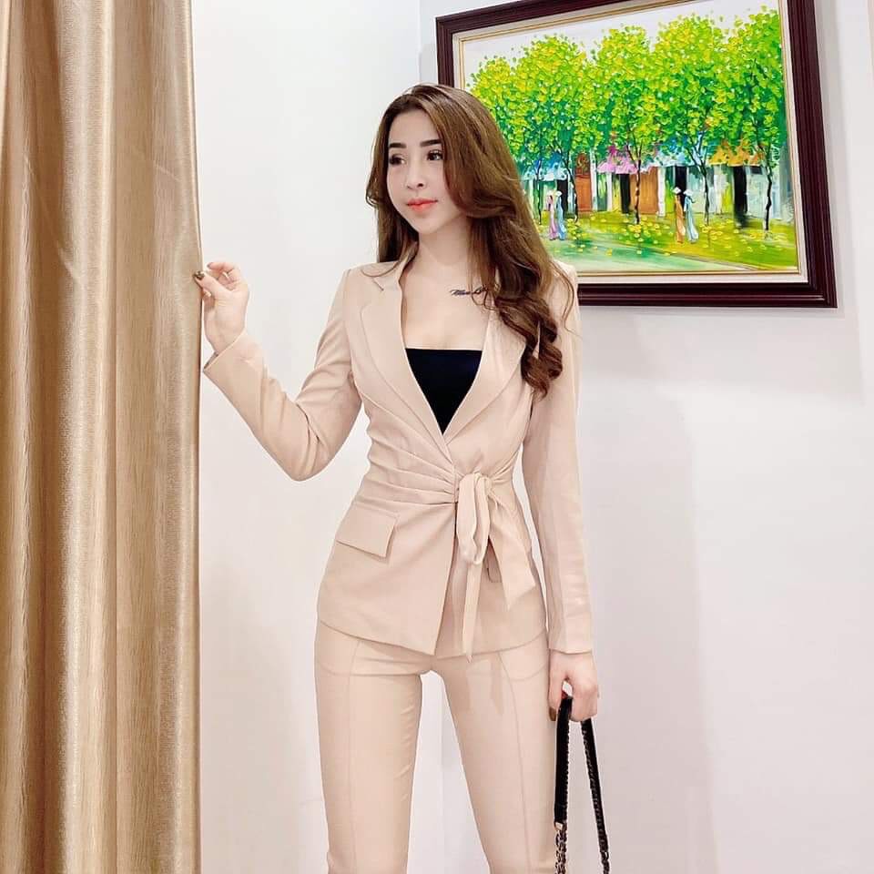 [HCM]Sét vest nữ 3 món áo vest xếp li cột nơ eo