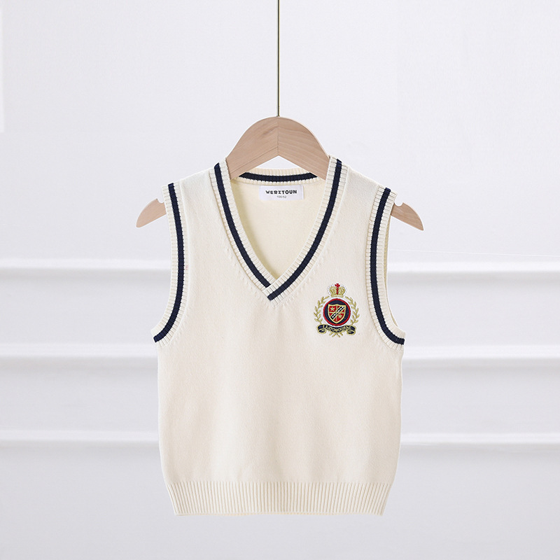 Áo gile len cho bé thêu logo phong cách Hàn Quốc, Gile len bé trai 3-8 tuổi đanh sợi không bai xù