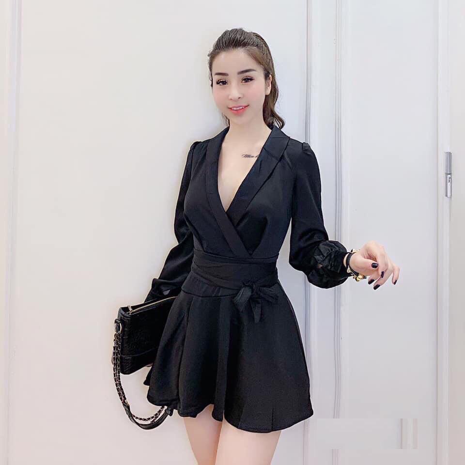 [HCM]Đầm Nữ Xòe Dây Nơ Eo  Cổ V Long Quân Fasion Đ88